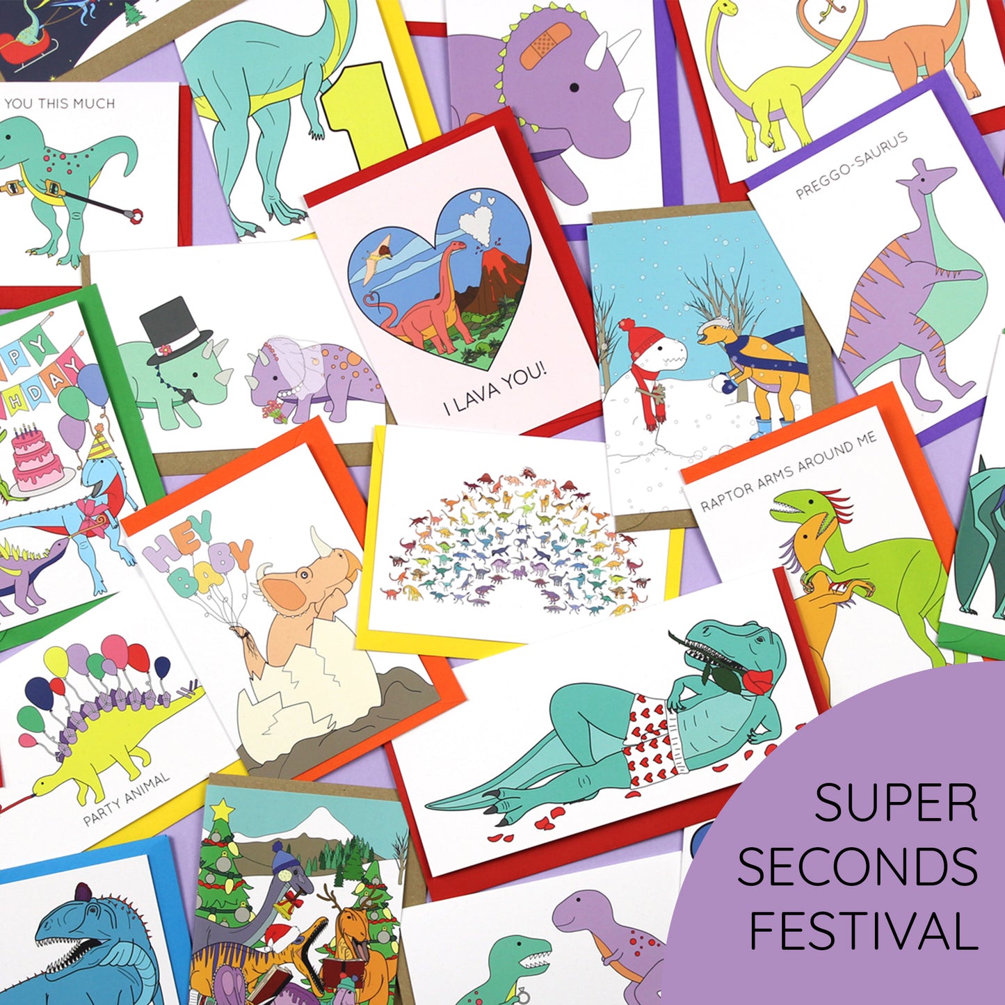 A collection of colorful greeting cards with various dinosaur illustrations and festive designs, including 'I love you' and other Christmas-themed messages.