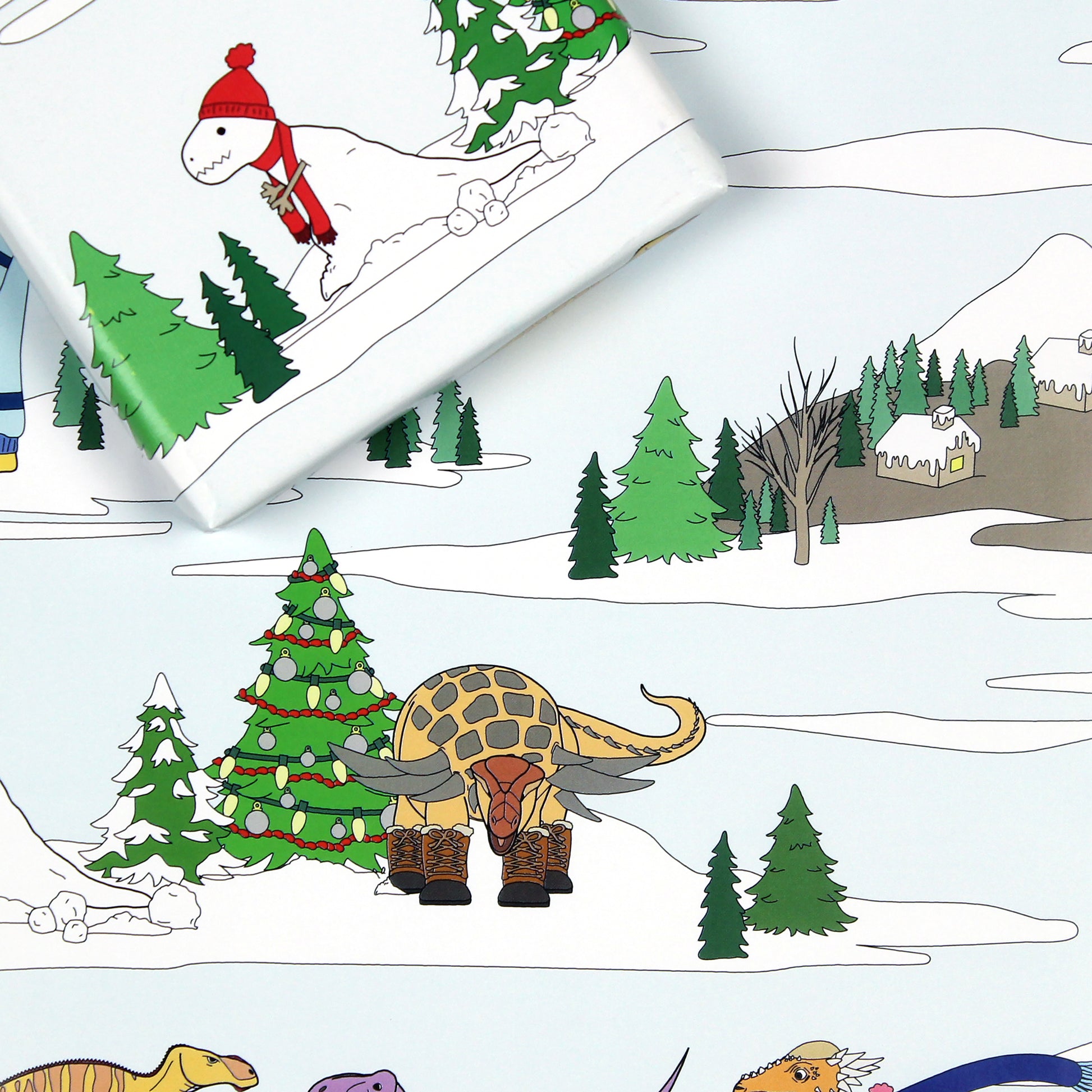 Dinosaur Christmas Winter Scene Wrapping Paper