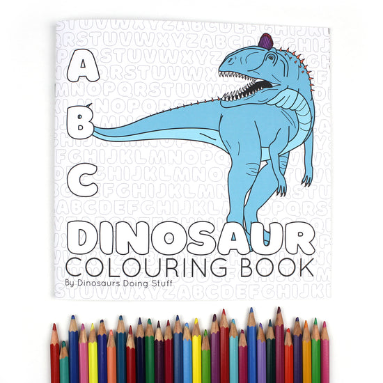 ABC Dinosaur colouring book front cover with a row of pencils below it