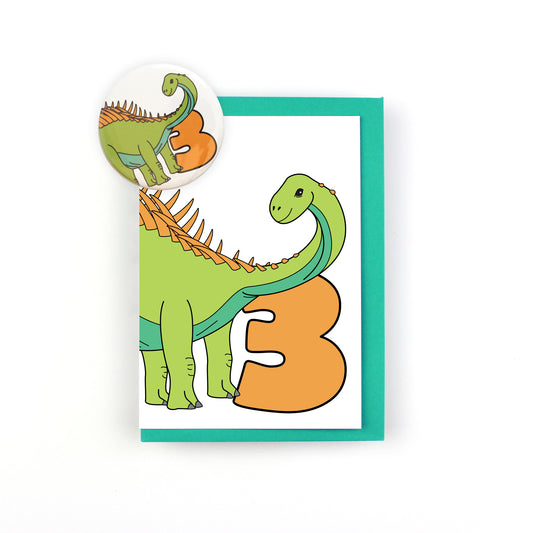 Number 03 Dinosaur Greeting Card and Badge