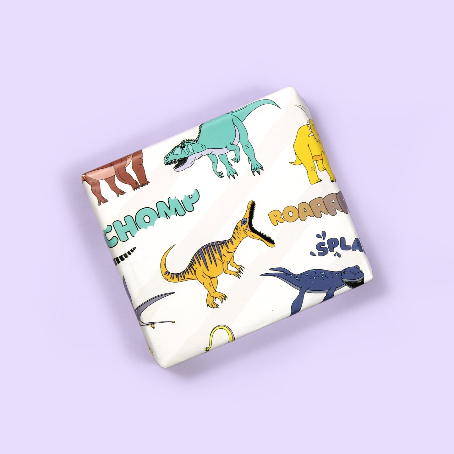 a small box wrapped in Dinosaur words Wrapping Paper