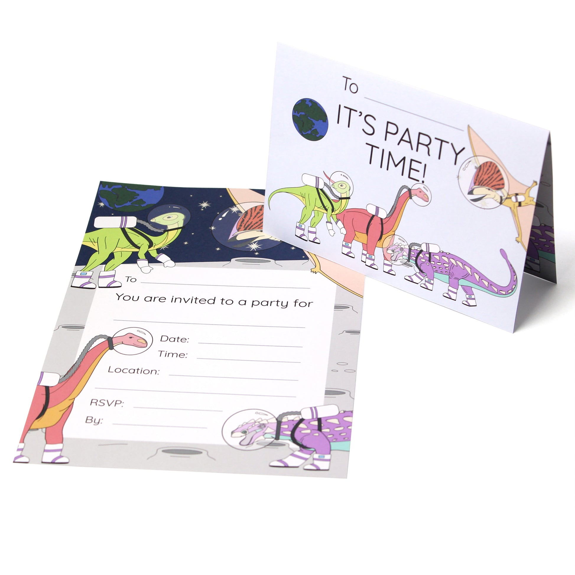 Space Dinosaur Invitation, one flat and one folded