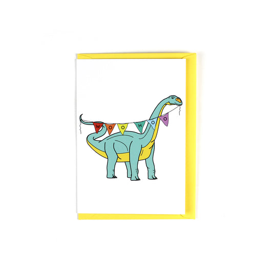 greeting card featuring a long neck dinosaur holding bunting between its tail and mouth. The bunting spells out 'WOO HOO'