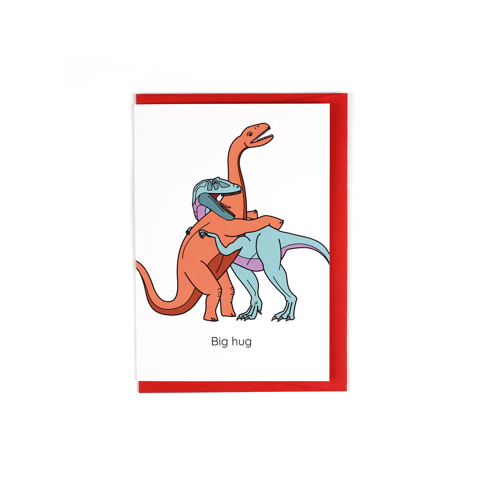 Greeting card featuring a coral and red Jobaria and a blue and purple Fukuiraptor with their arms wrapped around each other hugging.