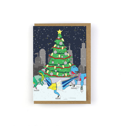 City Ice Skating Dinosaur Christmas Greeting Card