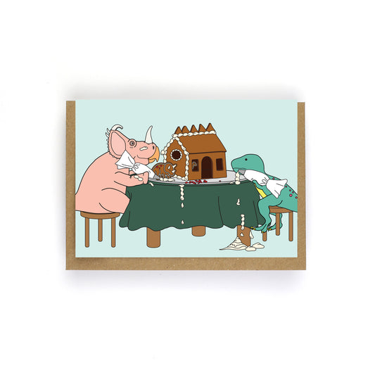 Gingerbread House Dinosaur Christmas Greeting Card