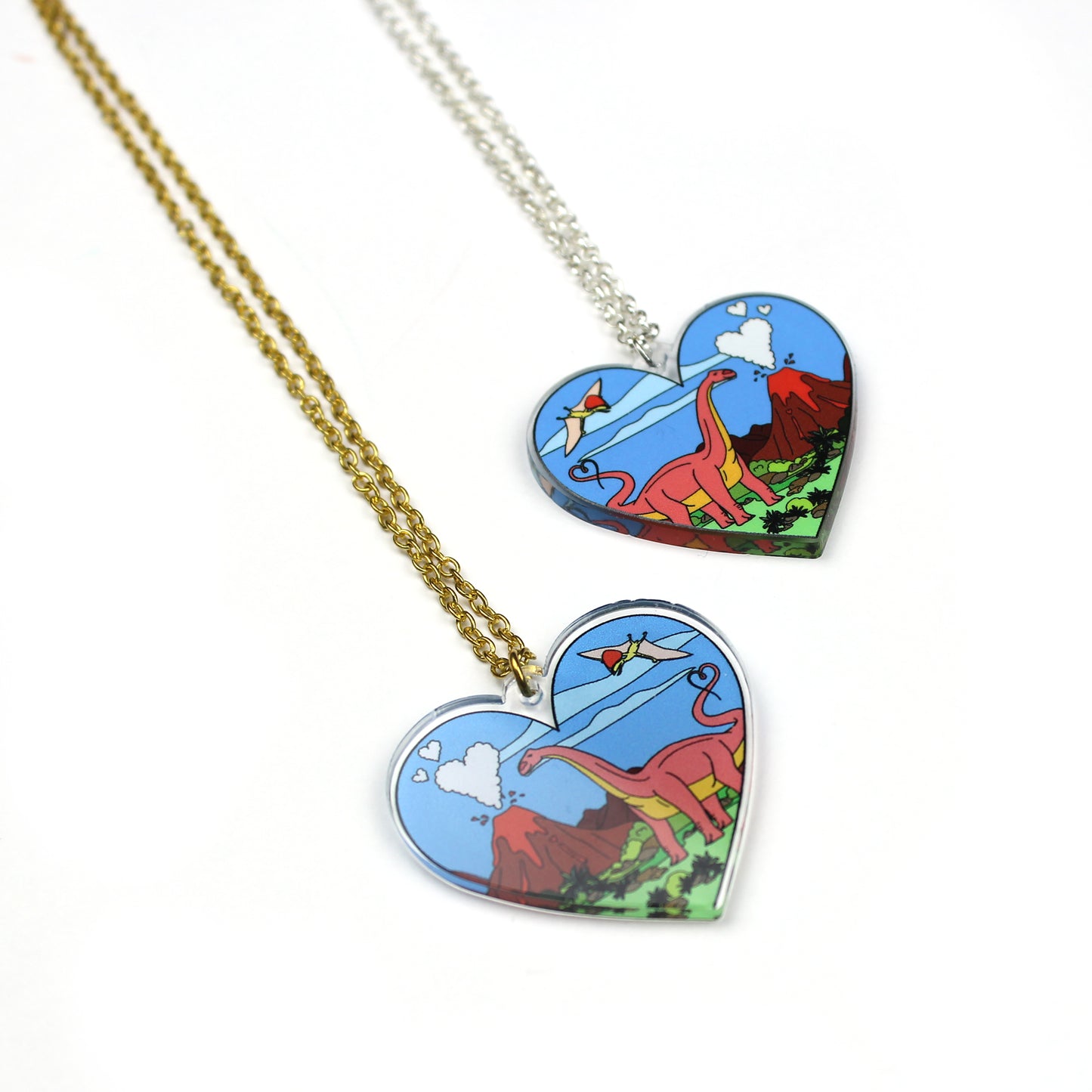 Heart Dinosaur Necklace with gold or silver tone chains