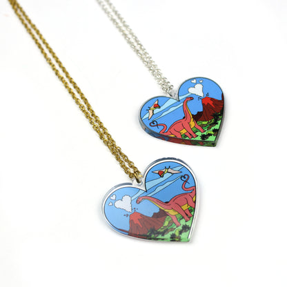 Heart Dinosaur Necklace with gold or silver tone chains