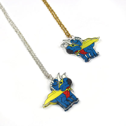 Superhero Dinosaur Necklace with a gold or silver tone chain