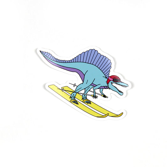 skiing dinosaur sticker on a white background