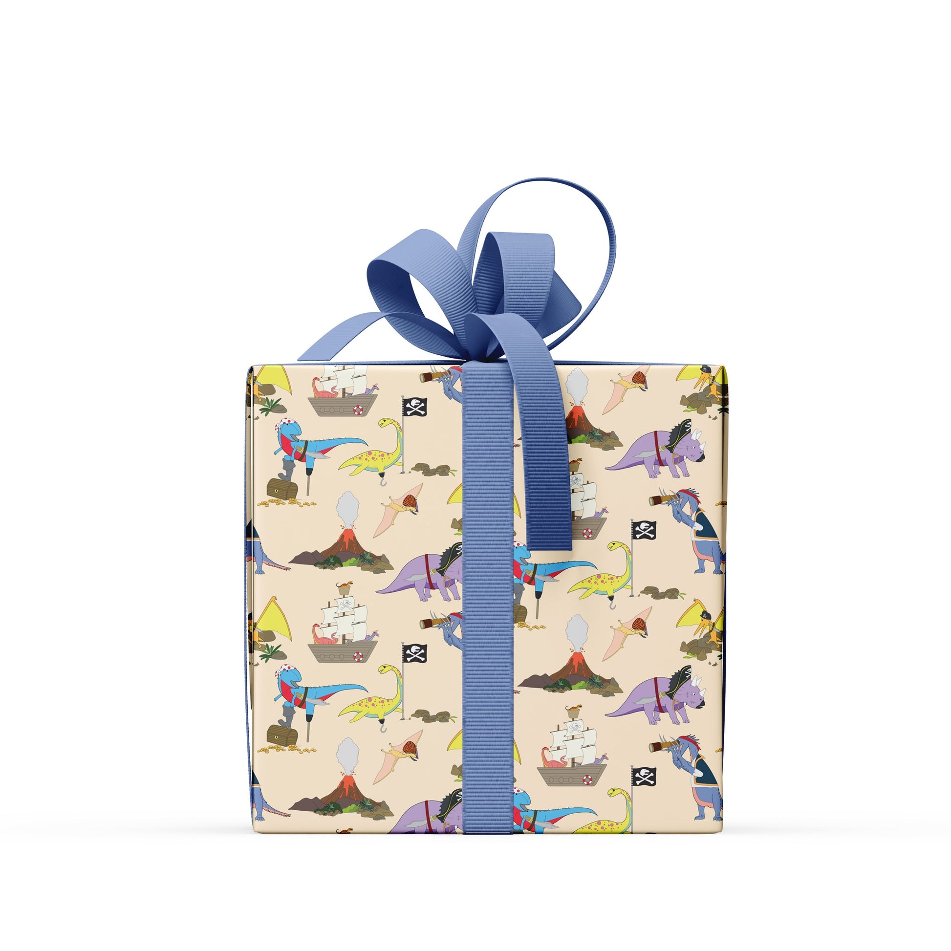 A box covered in pirate dinosaur wrapping paper with a blue ribbon