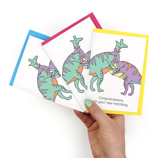 Congratulations On Your New Hatchling Dinosaur Greeting Card - More Colours Available