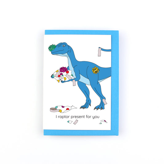 Raptor Present - Birthday Dinosaur Greeting Card