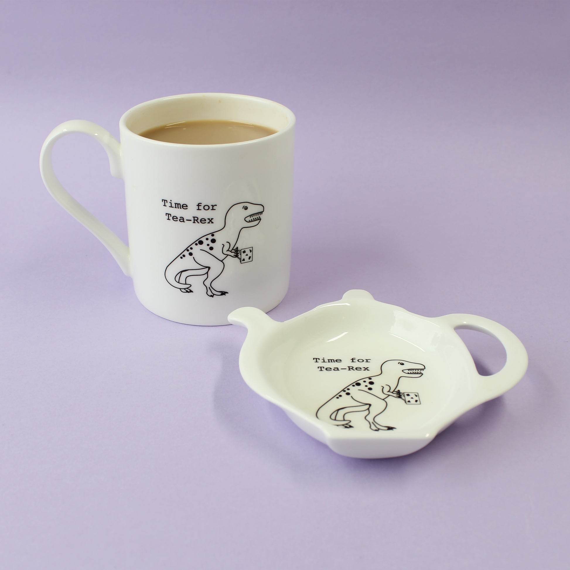 Time for Tea-Rex Mug and Teabag Tidy set on a purple background
