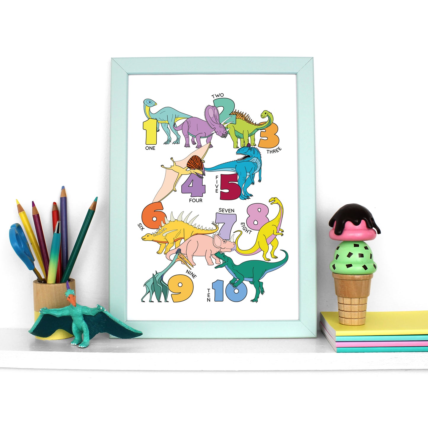dinosaur number poster print in a mint frame