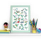 T-Rex Doing Stuff Alphabet Poster Print in a mint frame