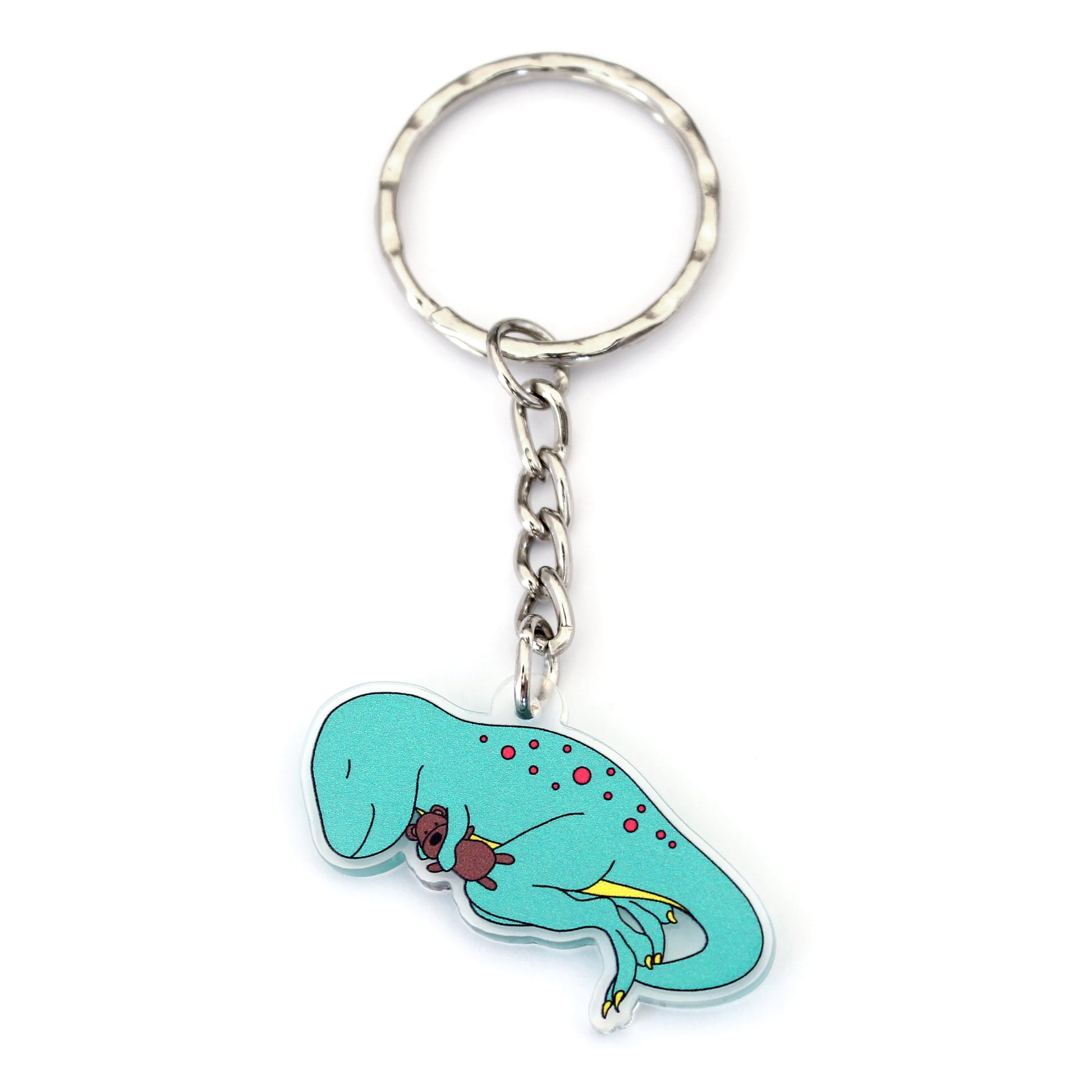 dino-snore t-rex dinosaur keyring on a white background