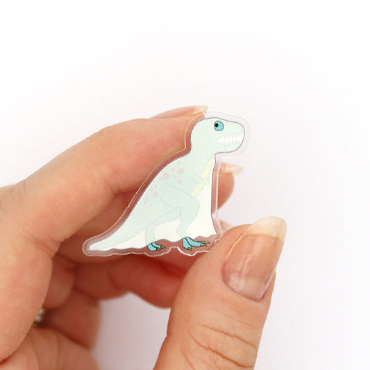 dinosaur acrylic pin with t-rex dressed up as a ghost