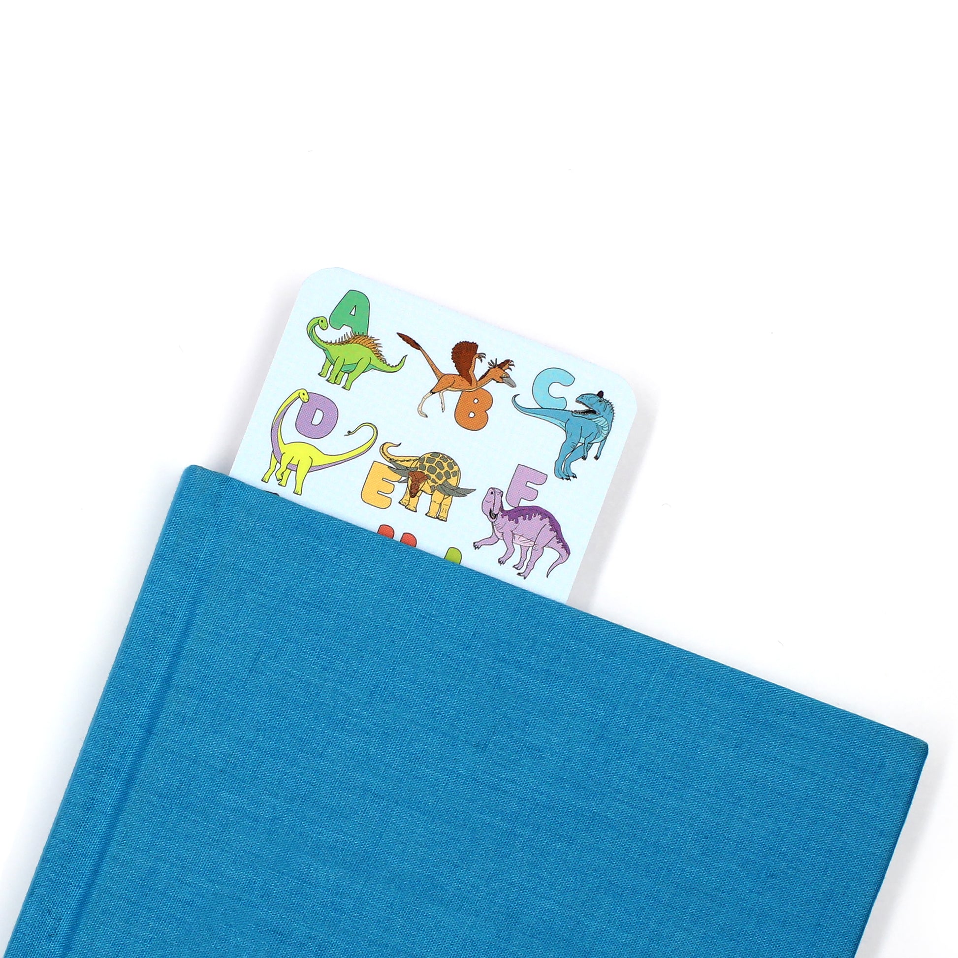 alphabet dinosaur bookmark coming out of a blue book