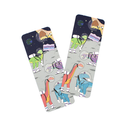 front and back of the space dinosaur bookmark