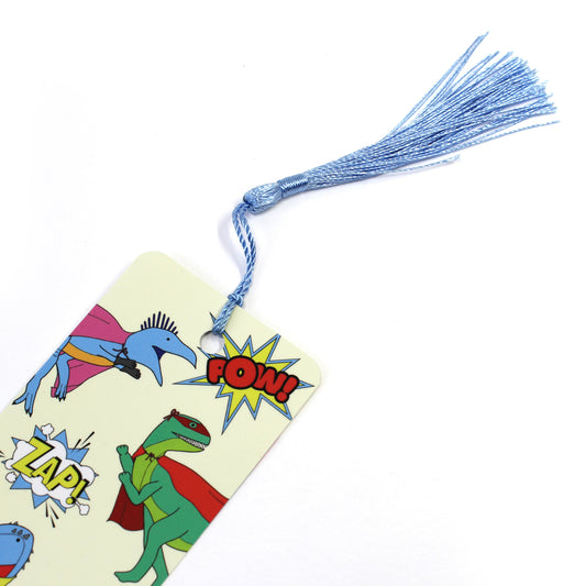 superhero dinosaur bookmark with blue tassel
