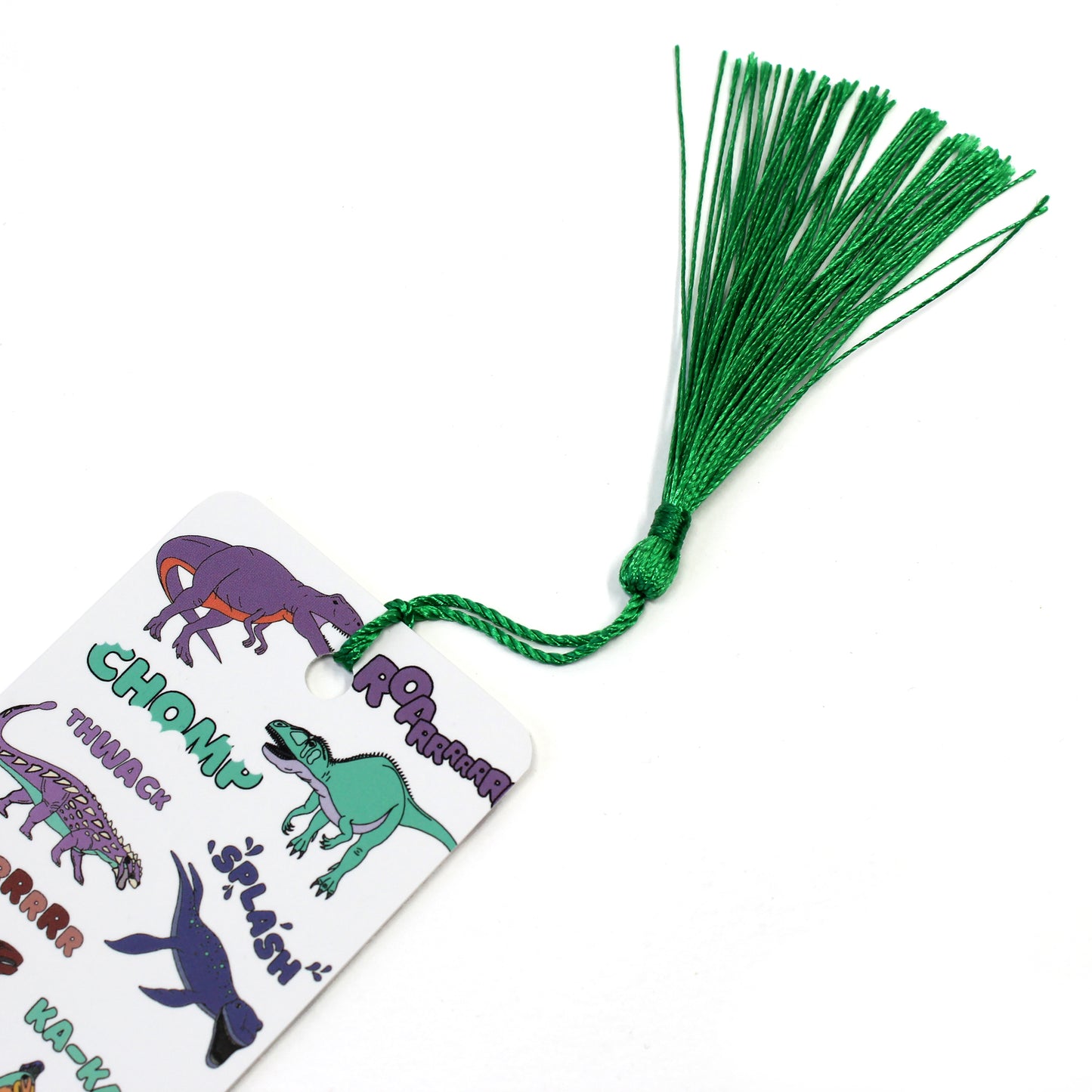 dinosaur words bookmark with a green tassel