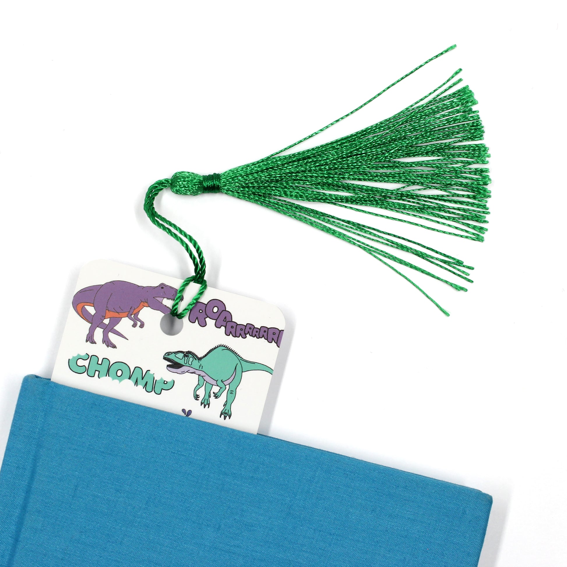 dinosaur words bookmark with green tassel