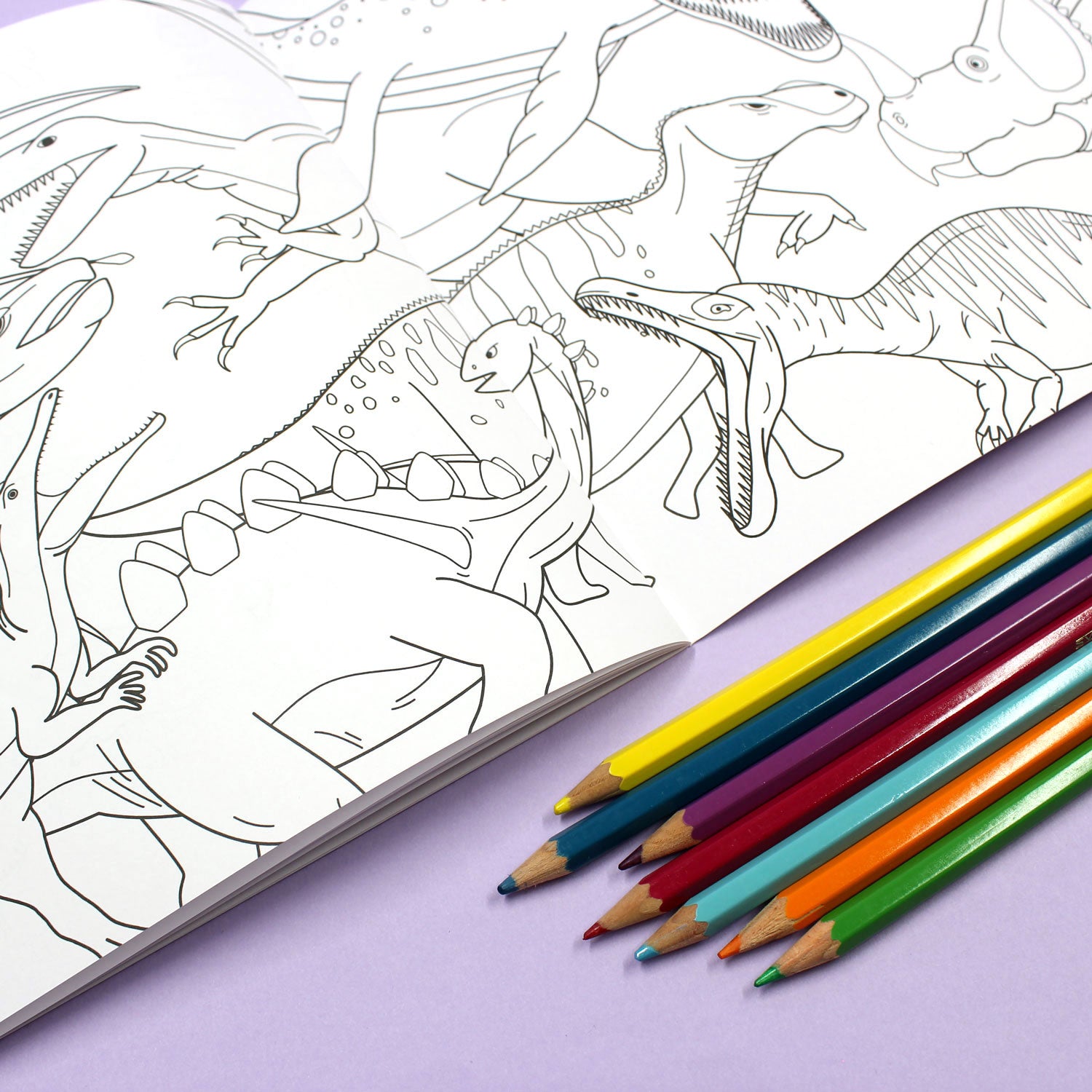 Inside page of 1234 Dinosaur colouring book featuring a collage of black line drawings of dinosaurs featured in the book
