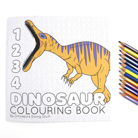 1234 Dinosaur colouring book cover with a row of brightly coloured pencils lined up next to it.