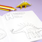 Inside page of ABC Dinosaur colouring book. The page features black line illustration of a Huayangosaurus dinosaur with its name, pronunciation and meaning above it.