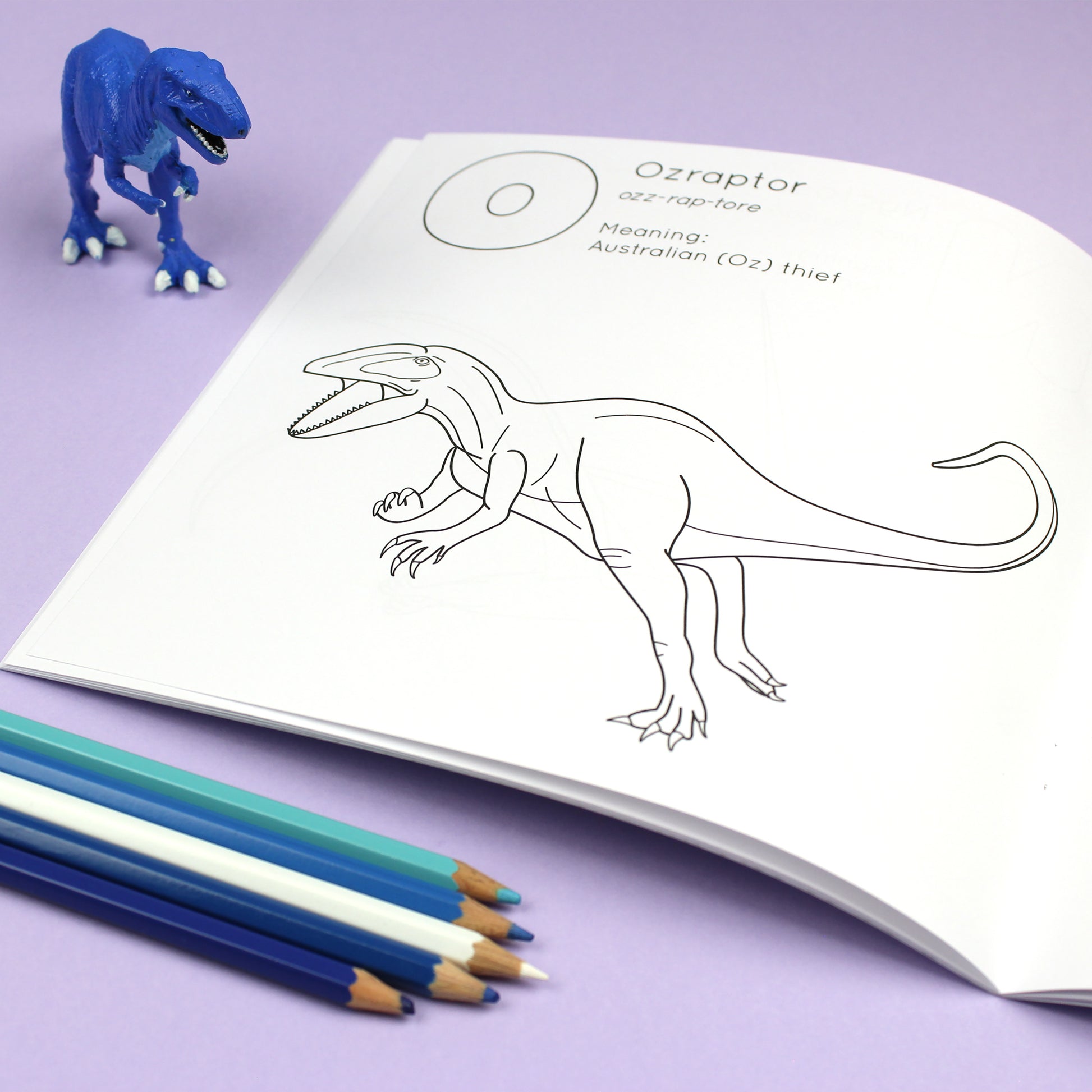 Inside page of ABC Dinosaur colouring book. The page features black line illustration of a Ozraptor dinosaur with its name, pronunciation and meaning above it.