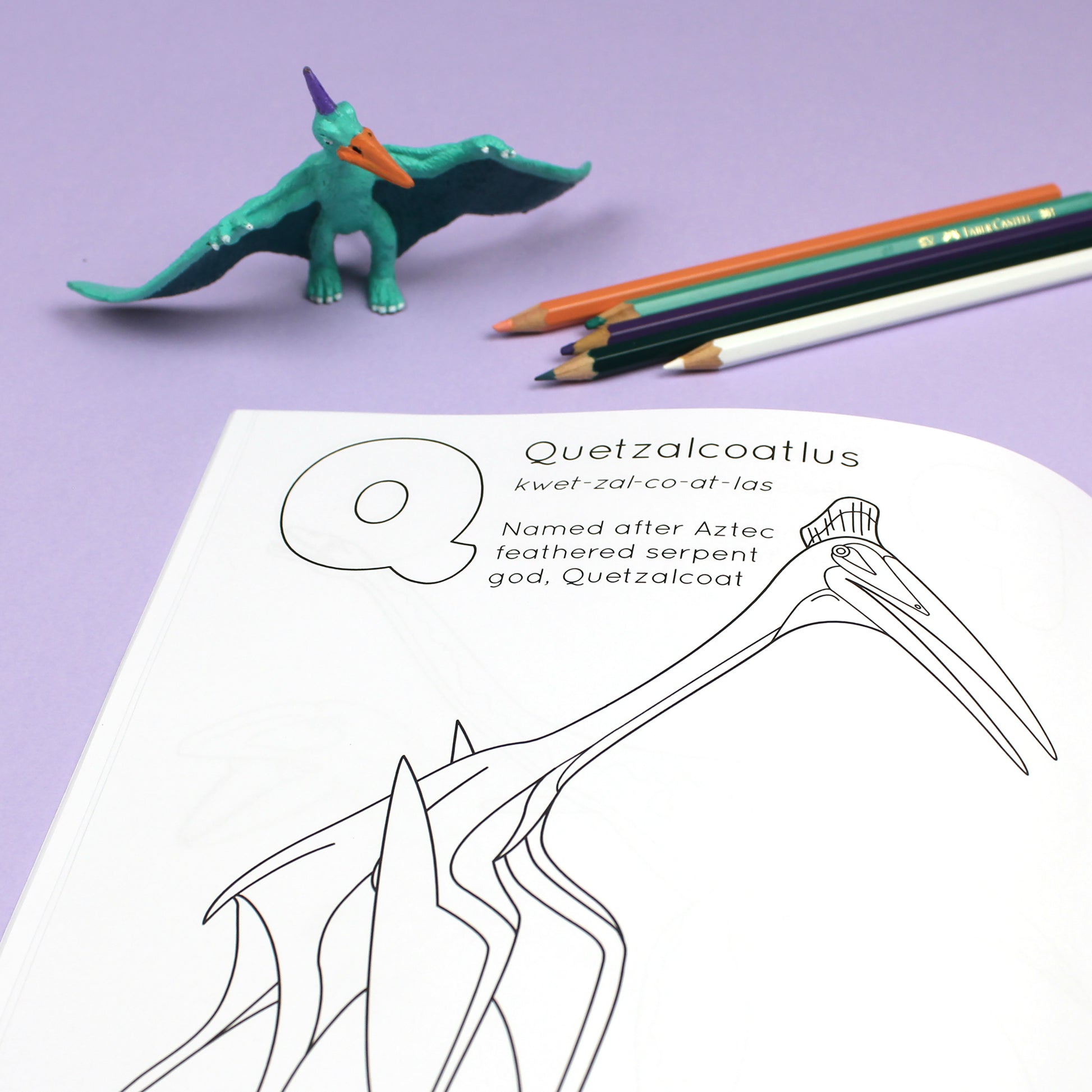 Inside page of ABC Dinosaur colouring book. The page features black line illustration of a Quetzalcoatlus dinosaur with its name, pronunciation and meaning above it.