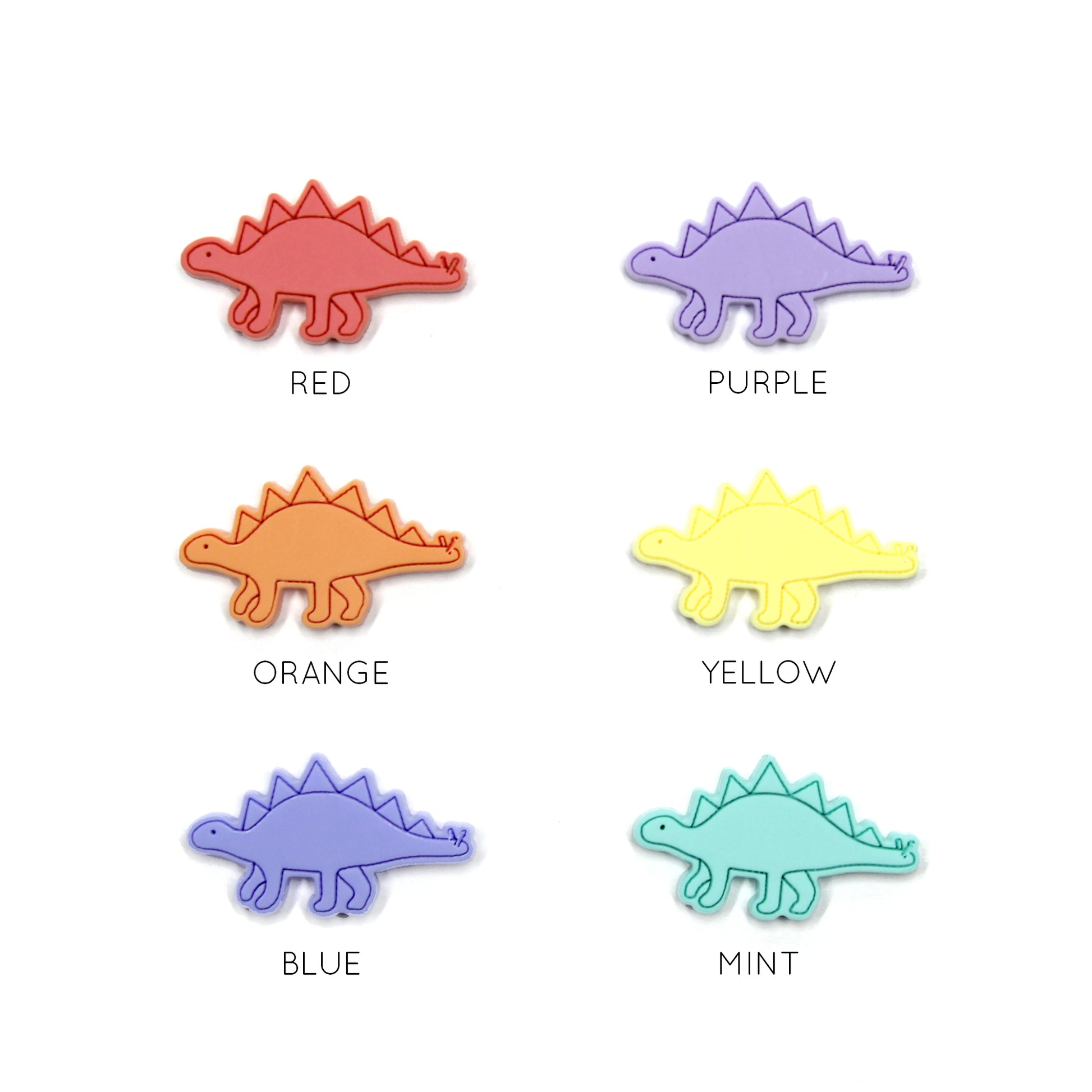 Image of 6 stegosaurus dinosaur, one of each colour option. Each dinosaur has the colour of the dinosaur written below it