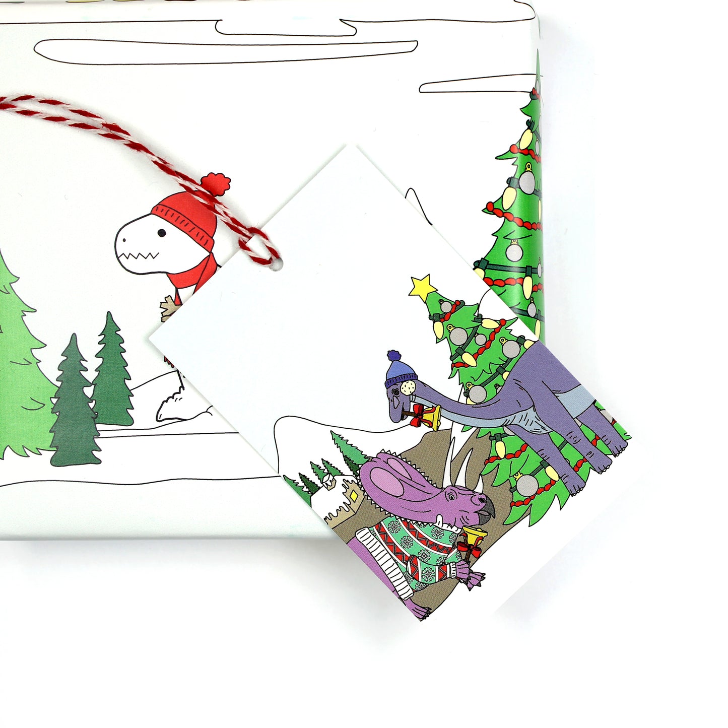 winter dinosaur gift tag sitting on a box covered with matching wrapping paper