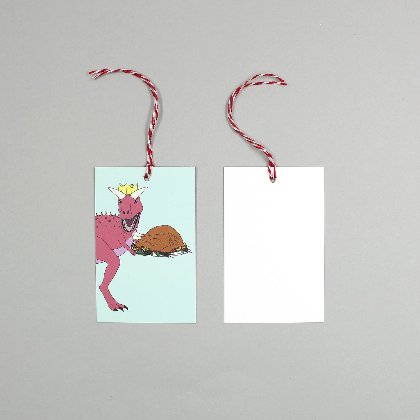 flat lay showing the front and back of the dinner dinosaur gift tag on a grey background
