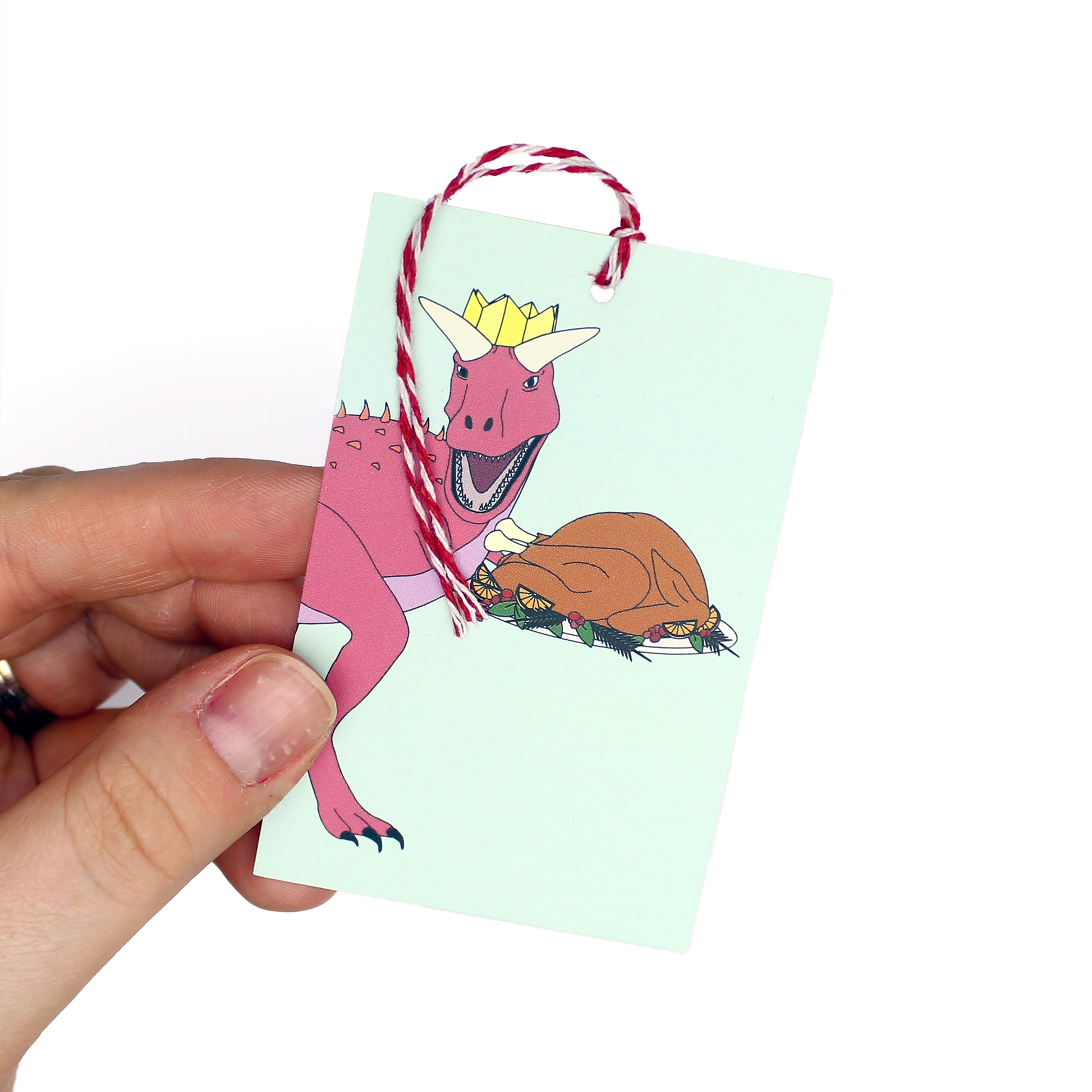 hand holding a dinner dinosaur gift tag