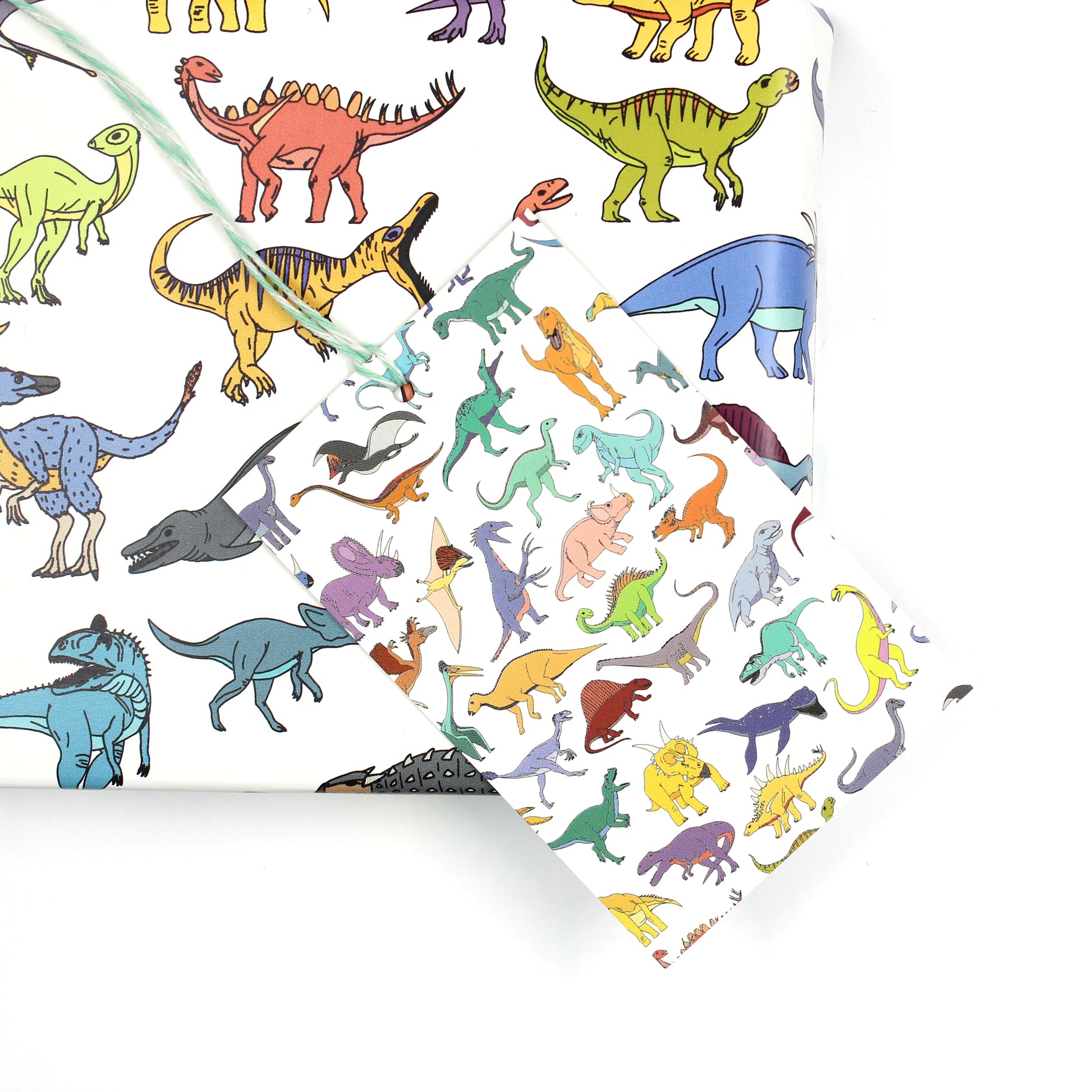 Scattered dinosaur gift tag sitting on a box covered with matching wrapping paper