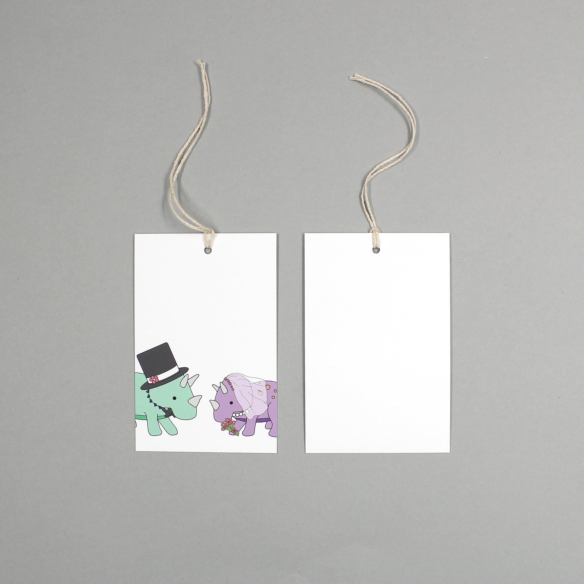 flat lay showing the front and back of the wedding dinosaur gift tag on a grey background