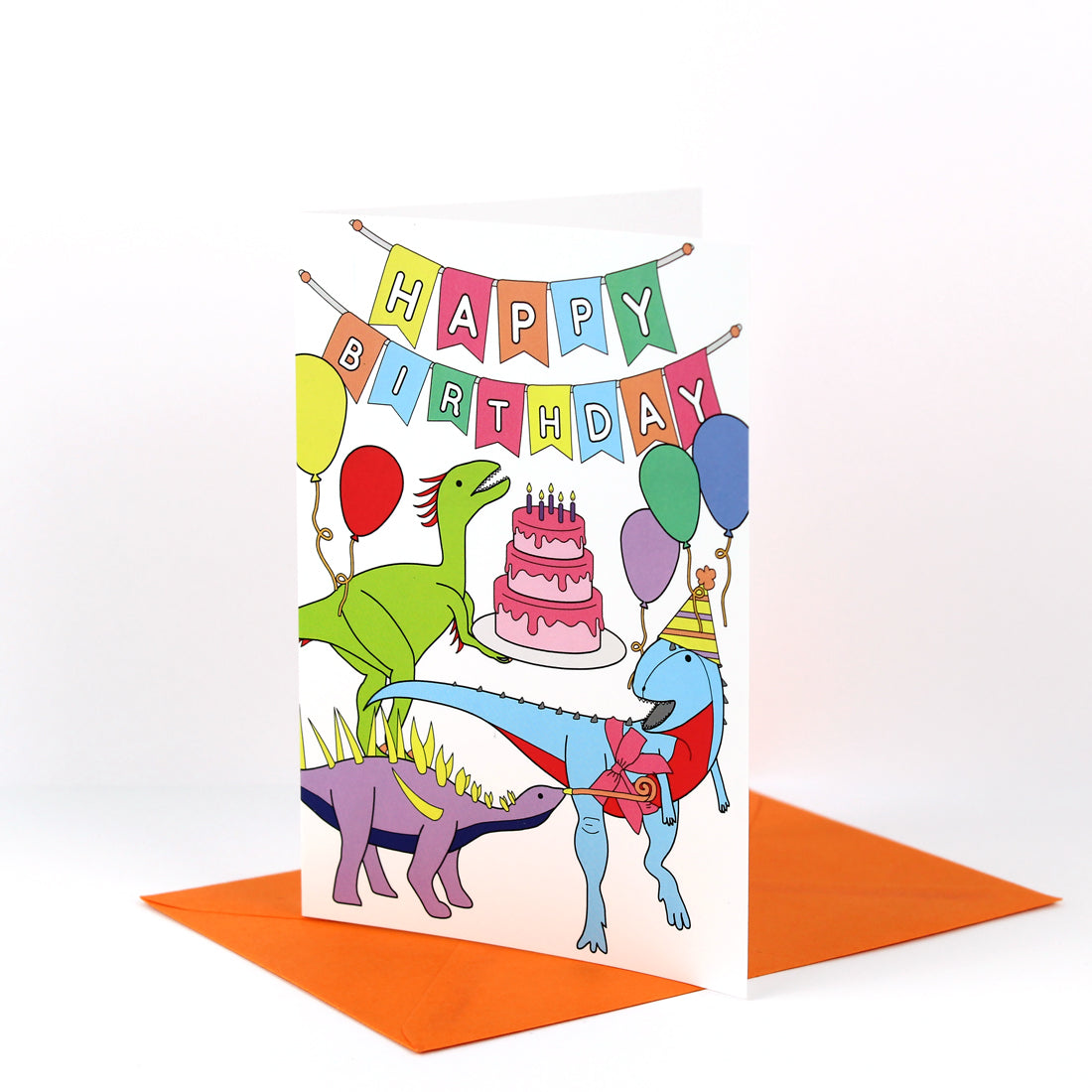 Happy birthday dinosaur card with orange envelope