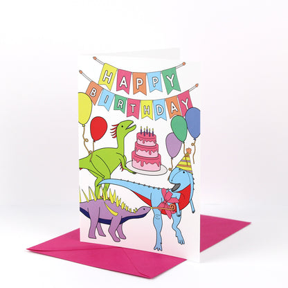 Happy birthday dinosaur card with pink envelope