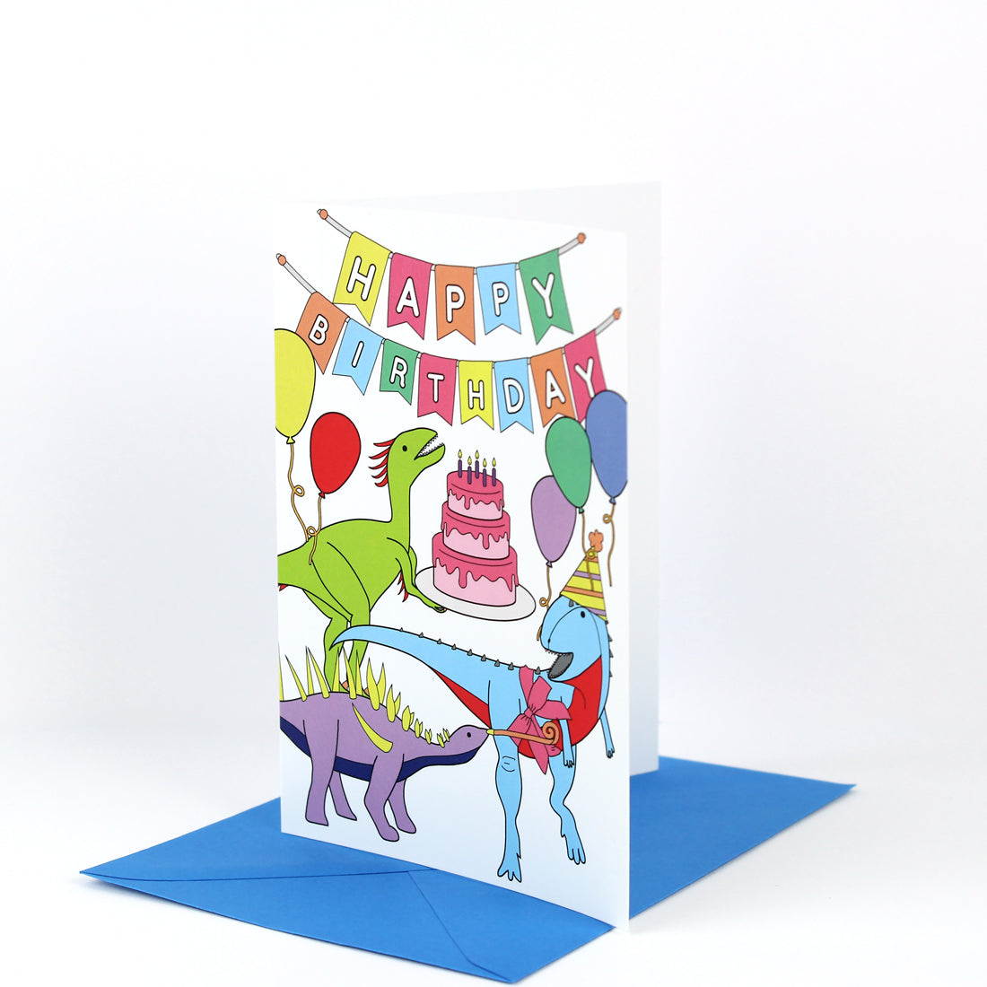Happy birthday dinosaur card with blue envelope