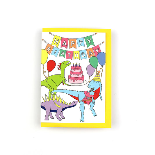 Happy birthday dinosaur card with yellow envelope
