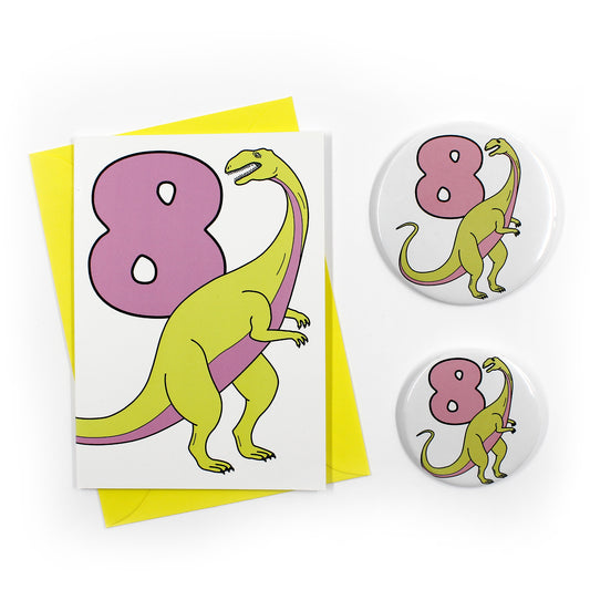 Number 8 Dinosaur Greeting card and badges