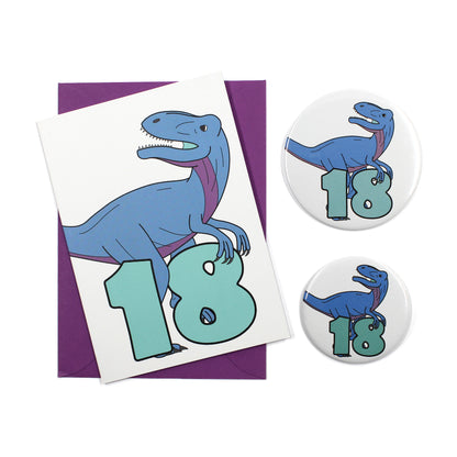 Number 18 Dinosaur Greeting card and badges