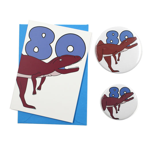 Number 80 Dinosaur Greeting card and badges