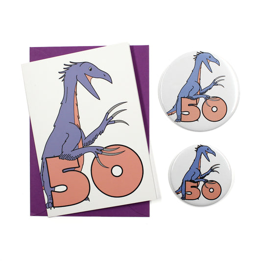 Number 50 Dinosaur Greeting card and badges