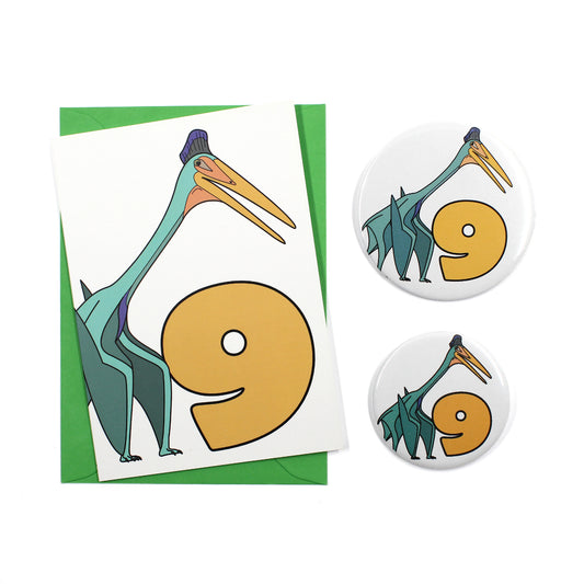 Number 9 Dinosaur Greeting card and badges