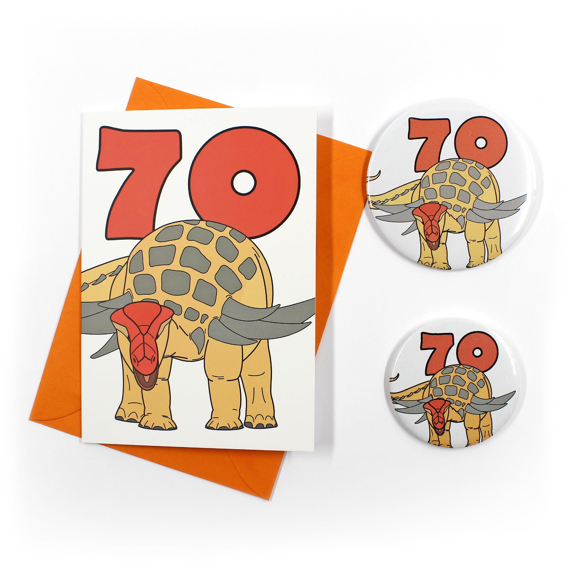 Number 70 Dinosaur Greeting card and badges
