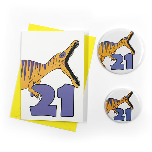 Number 21 Dinosaur Greeting card and badges