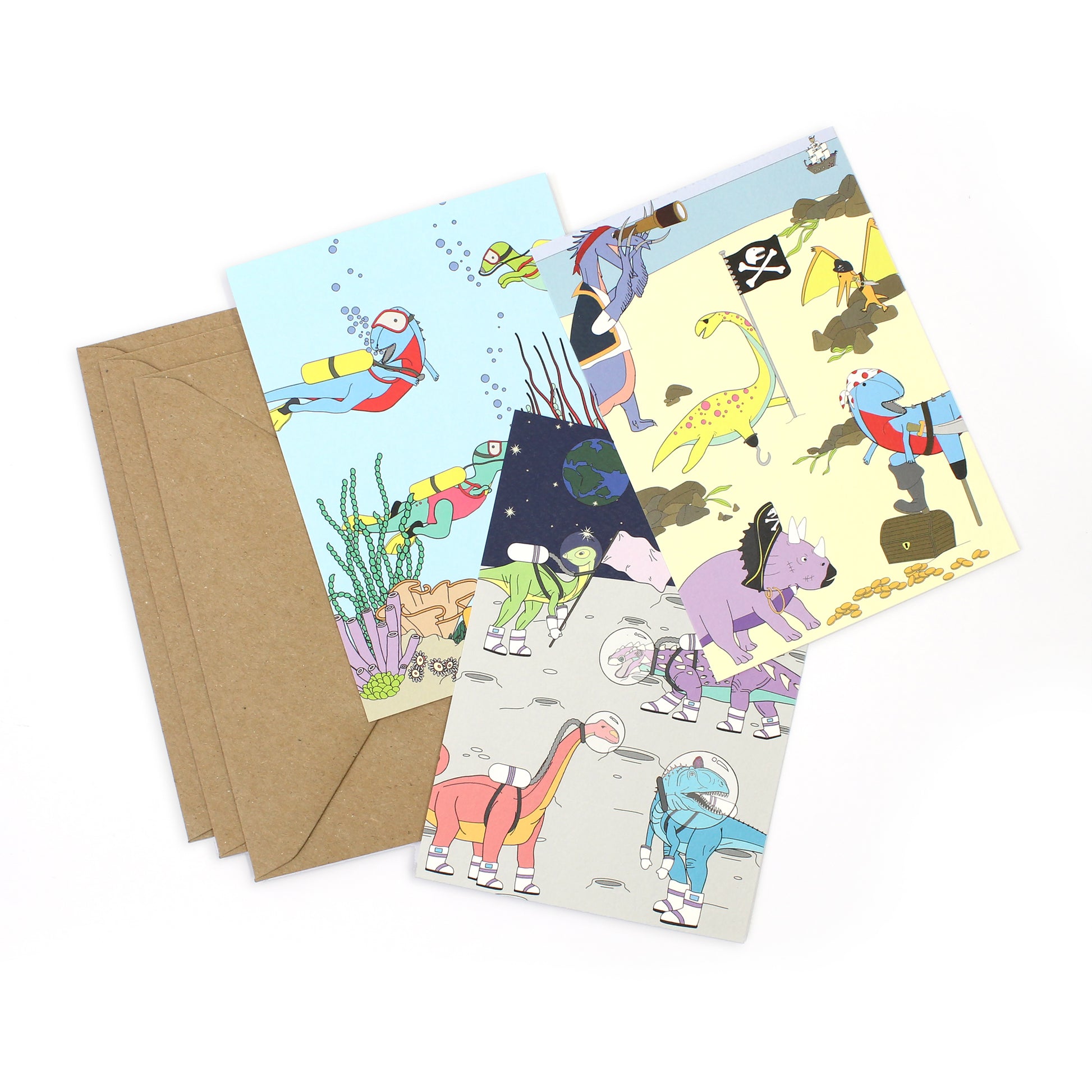 3 dinosaur postcards with kraft envelopes